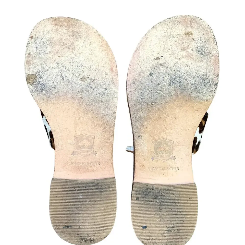 Trask Shay Leather Thong Sandal Slip On Leopard Print Calfhair 6